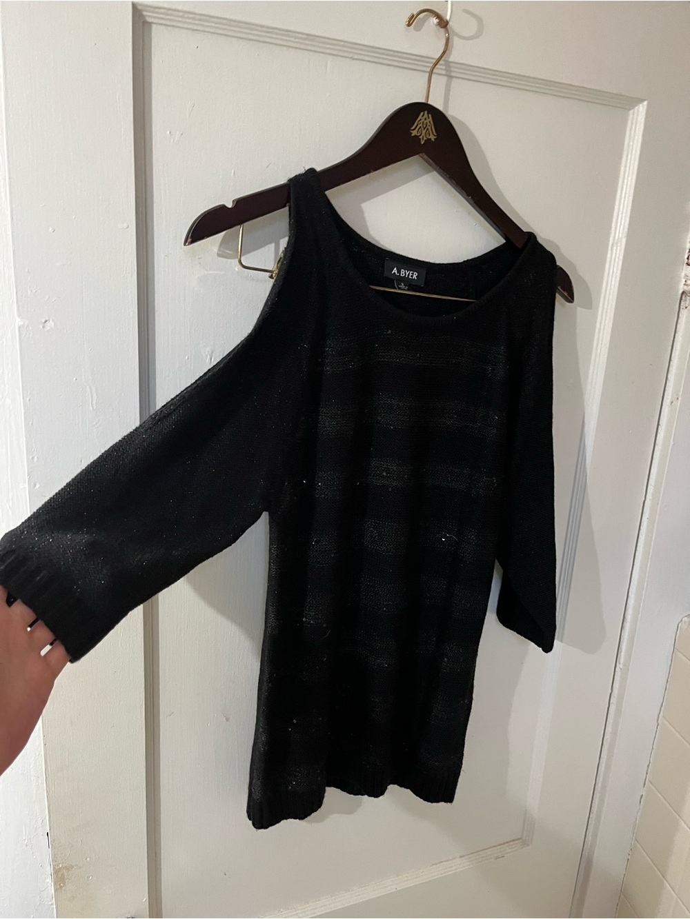 A. BYER Black Cold Shoulder Textured Stripe Sweater - Size Small - EUC